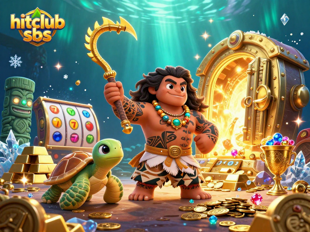 Experience vibrant wins at hitclub sbs with Polynesian-themed slot characters in a dynamic casino scene.