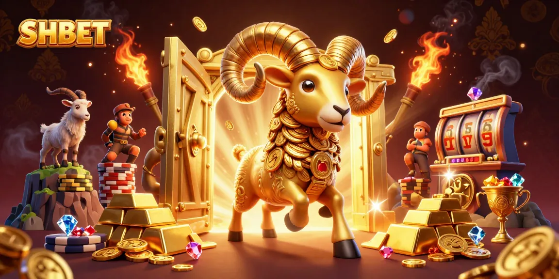 SHBET showcases a golden ram charging against a backdrop of vibrant casino treasures, symbolizing luck.