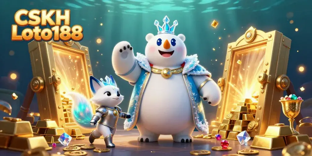 Engage with CSKH Loto188's vibrant gambling world through an enchanting 3D illustration of playful characters and treasure.