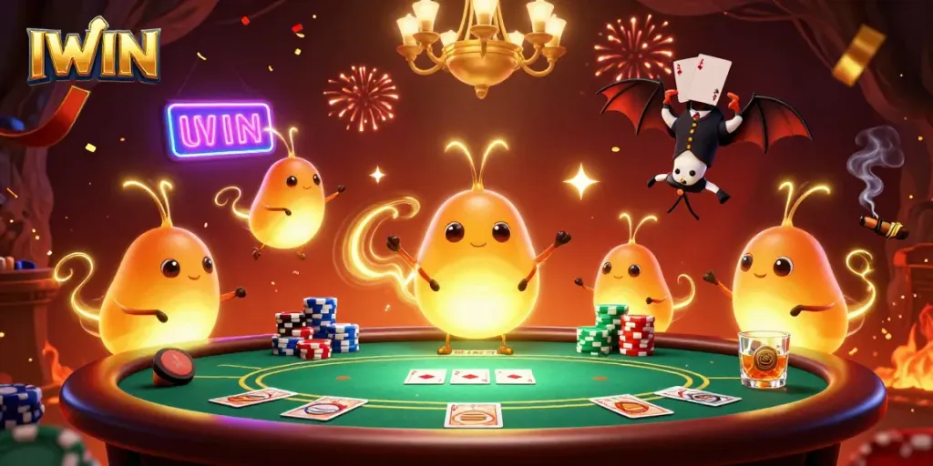 IWIN glowworms illuminate a poker table in a vibrant cave casino scene filled with chips and cards.
