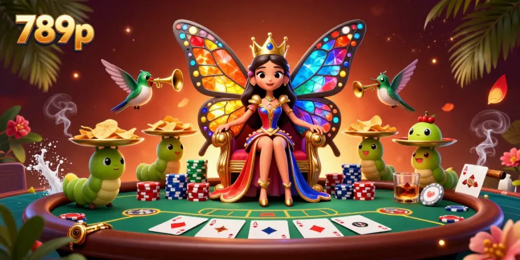 Experience vibrant gameplay with the butterfly queen in a lavish poker scene at 789p