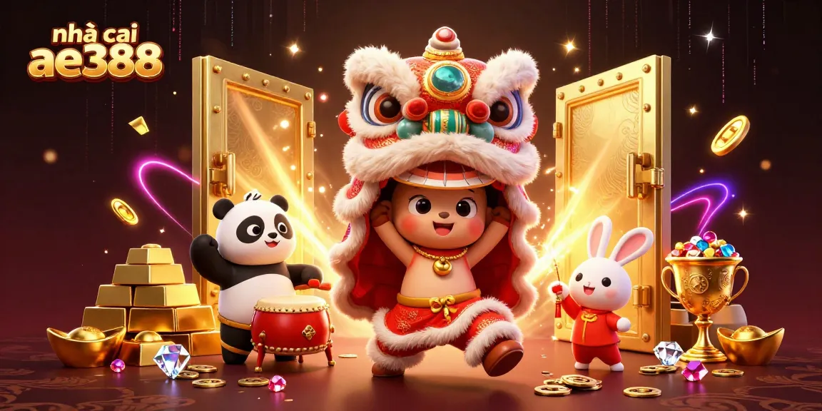 Engage with nhà cái ae388 in a vibrant 3D illustration of a festive lion dance surrounded by treasures and casino gems.