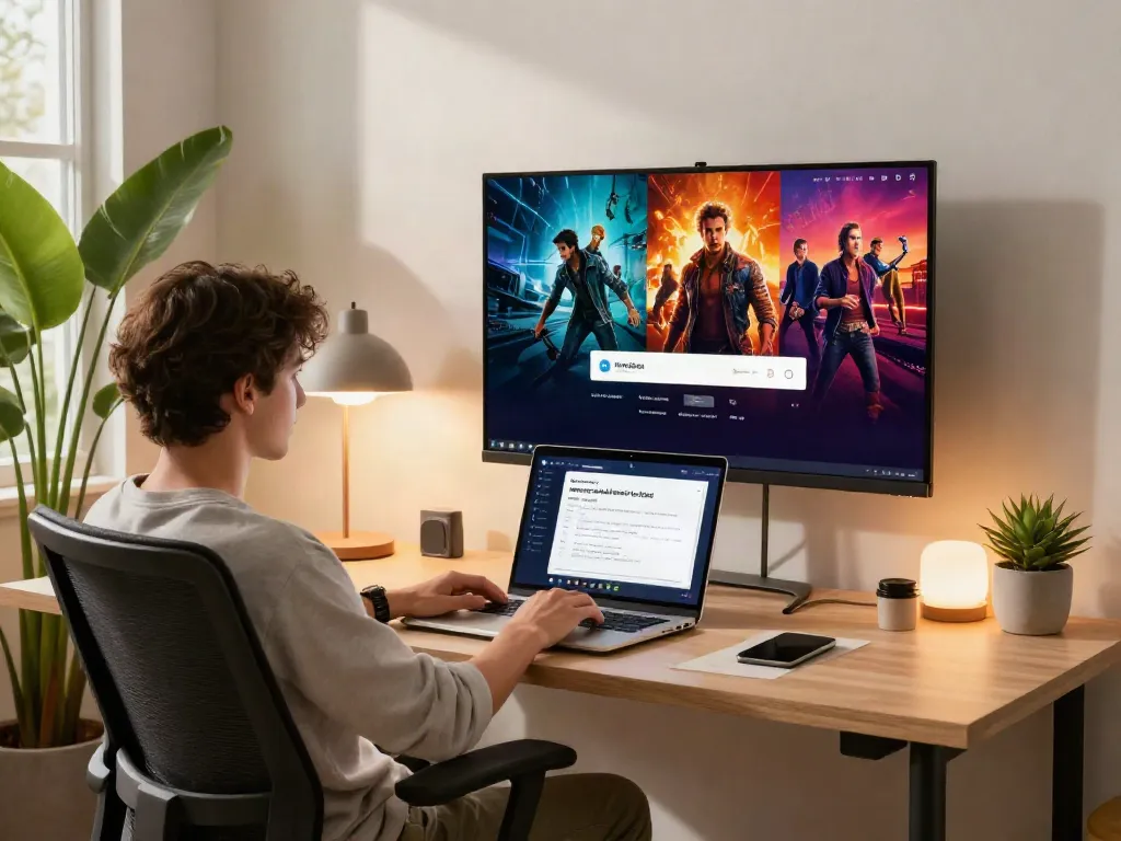 Downloading MovieBox for PC in a modern home office setup with movie posters.