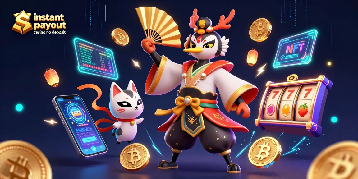 Engage in instant payout casino no deposit with a vibrant 3D illustration, showcasing dynamic gaming elements and characters.