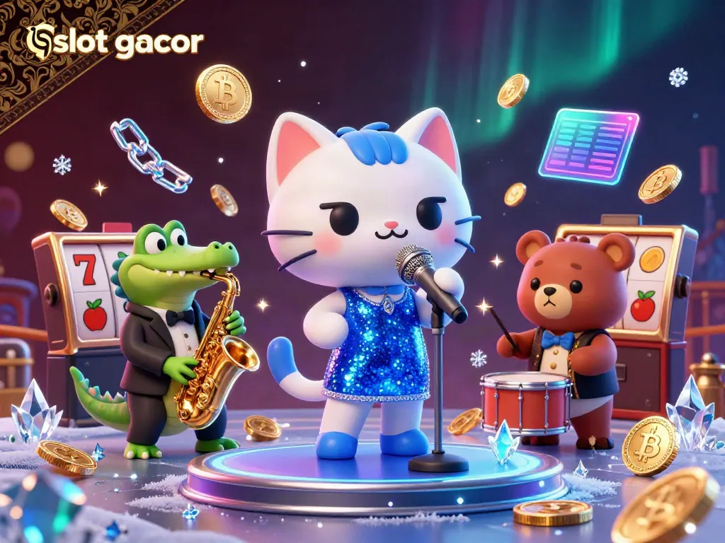 Engage with thrilling slot gacor action featuring a cartoon jazz-singer cat on stage with lively characters in a casino.