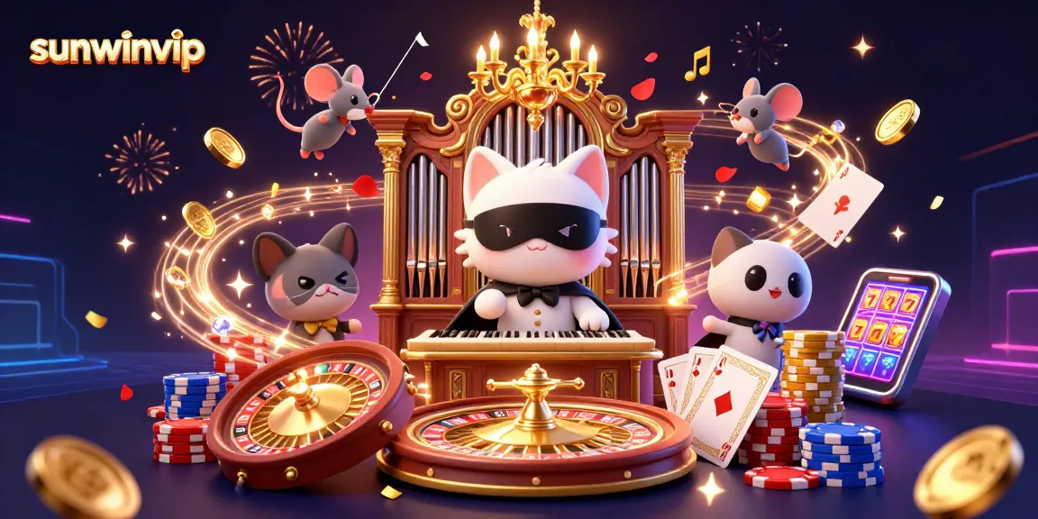 Play thrilling games at sunwinvip, engaging with vibrant casino elements in a captivating 3D scene.