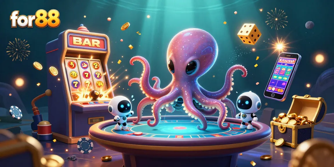 Experience the excitement of for88 with a vibrant alien octopus gaming at a holographic poker table.