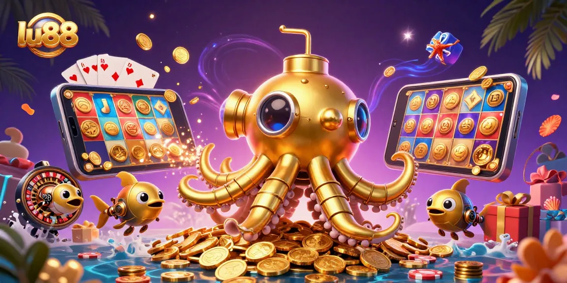 Experience the excitement of lu88 with a vibrant 3D cartoon illustration showcasing slot games and golden coins.