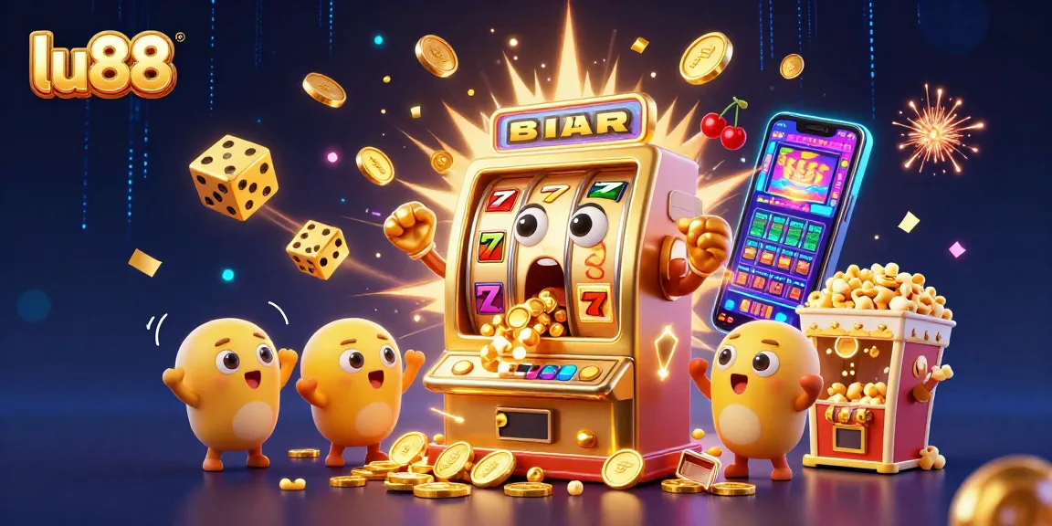 lu88 slot machine hits jackpot, coins pour out, dynamic casino scene