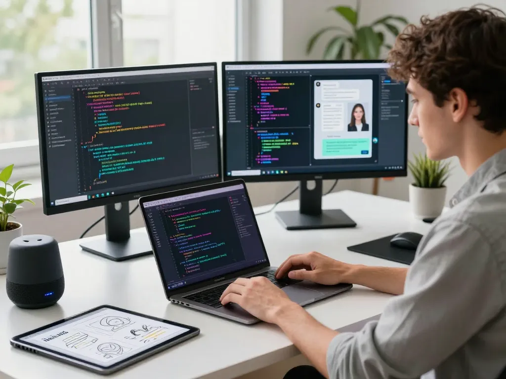 AI GF chat developer interacting with vibrant algorithms in a modern workspace