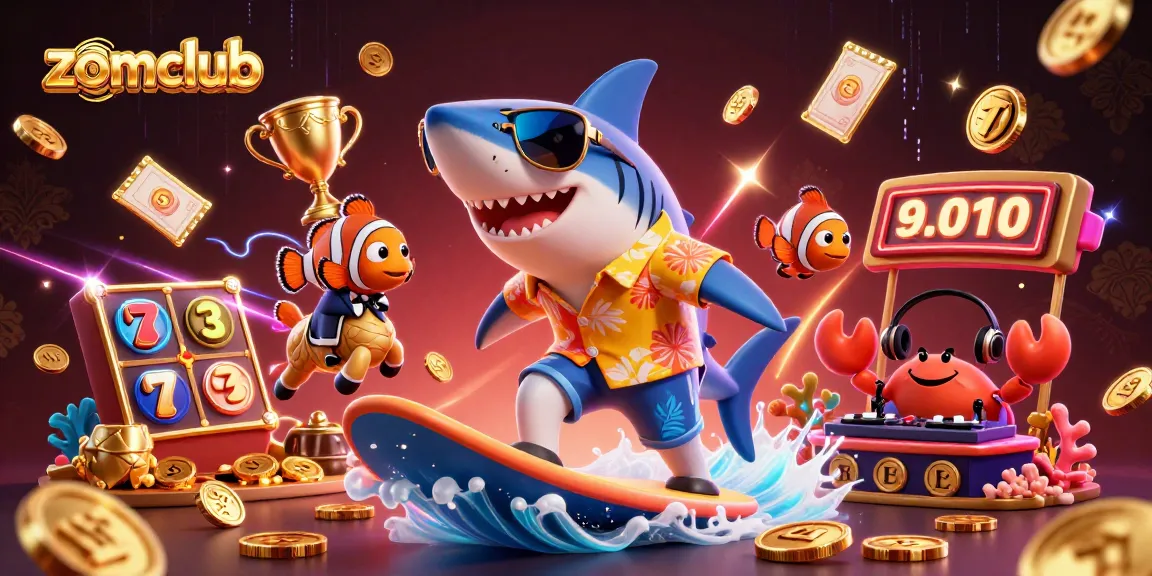 Play at zomclub's dynamic casino with a shark surfing on gold coins in this vibrant 3D illustration.