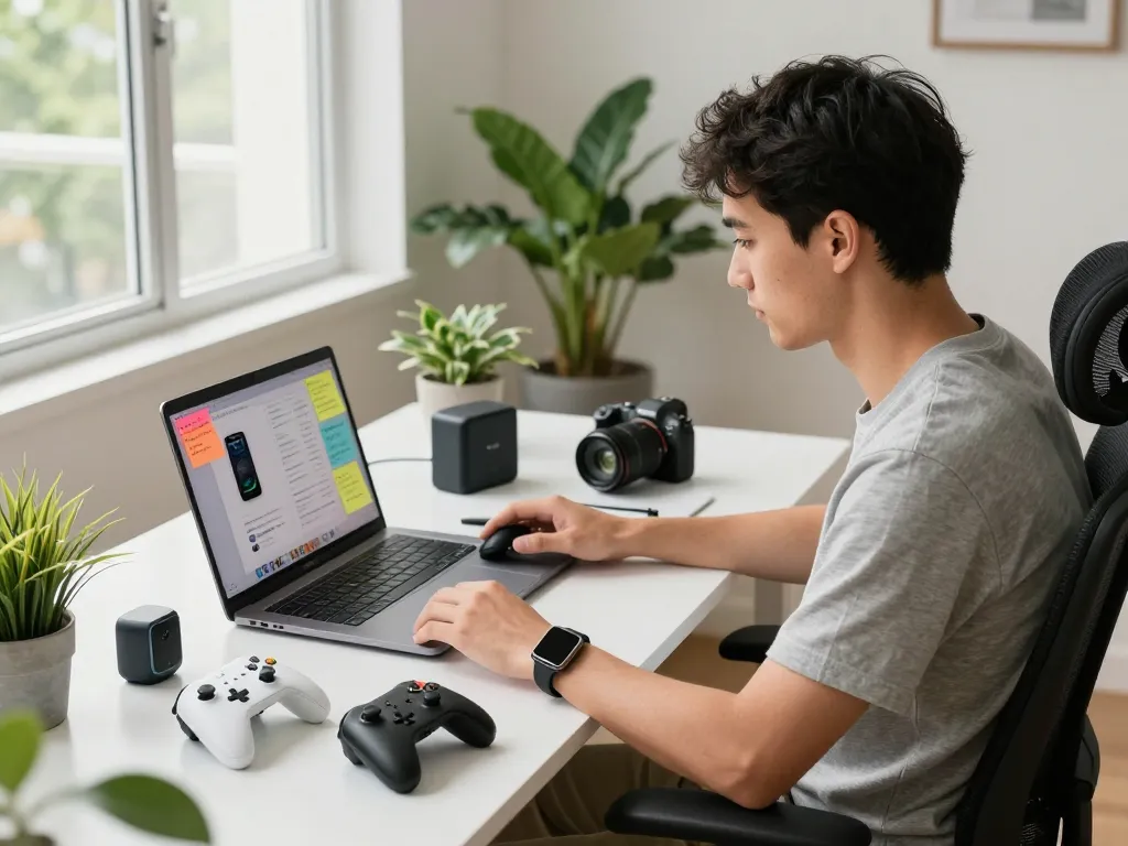 Exploring innovative tech gadgets in a modern workspace with Bluetooth devices and a professional reviewing technology.