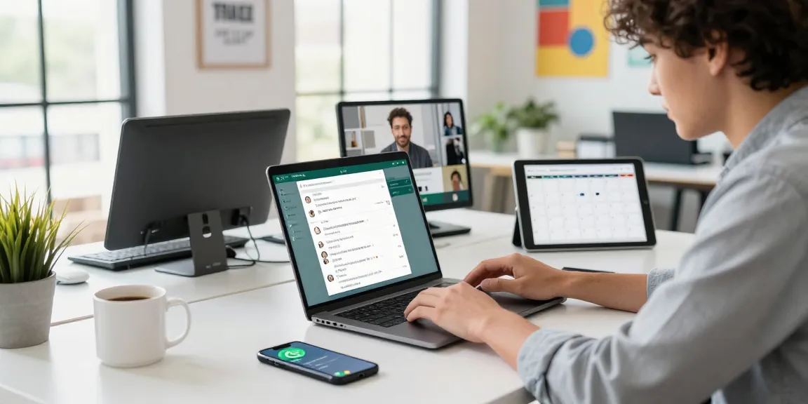 Professional workspace displaying WhatsApp網頁版 on a laptop with a smartphone nearby, showcasing productivity and modern office dynamics.