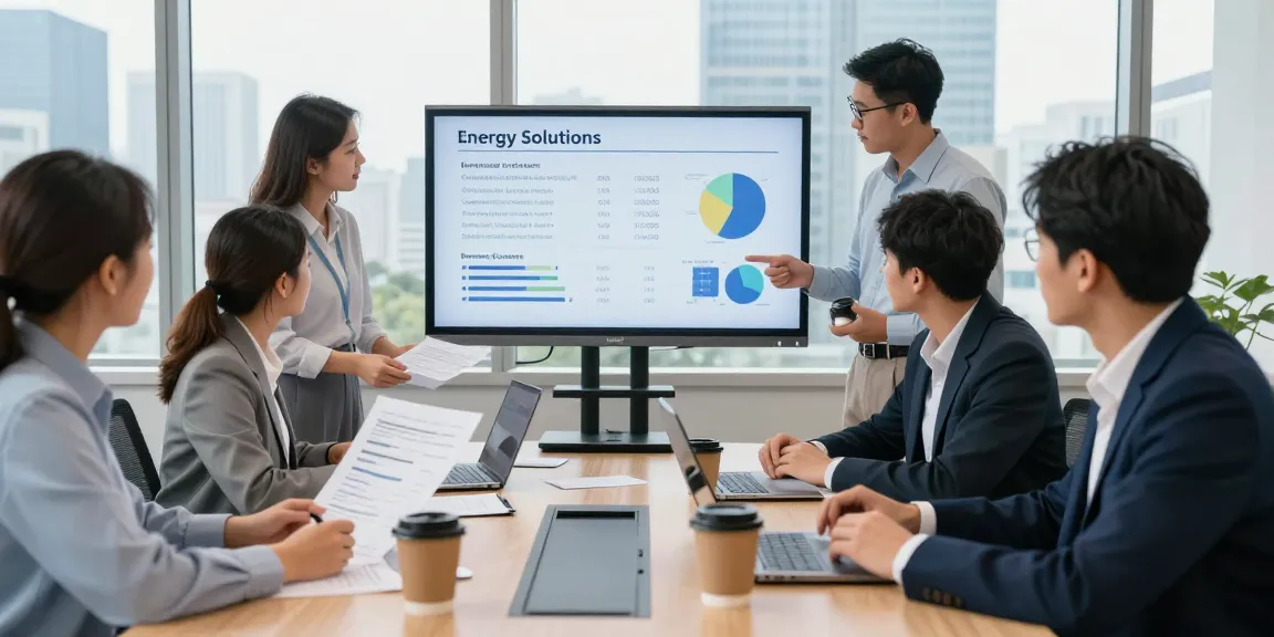 Team collaborating on business energy quotes in a modern office environment, analyzing cost-saving strategies.