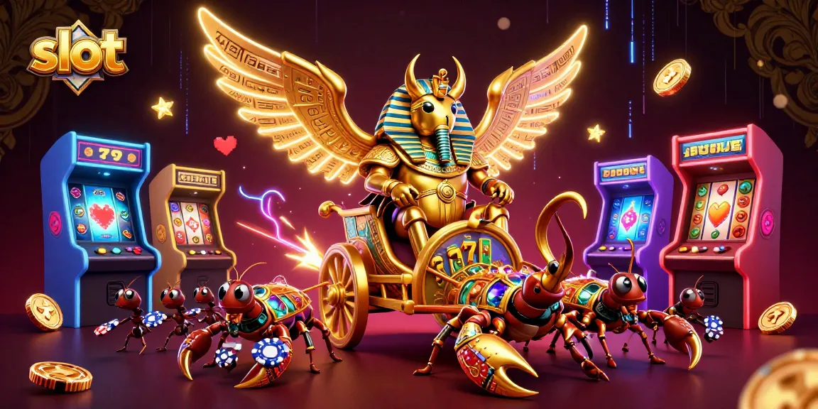 Spin the slot reels for exciting wins with the golden beetle in this vibrant casino illustration.