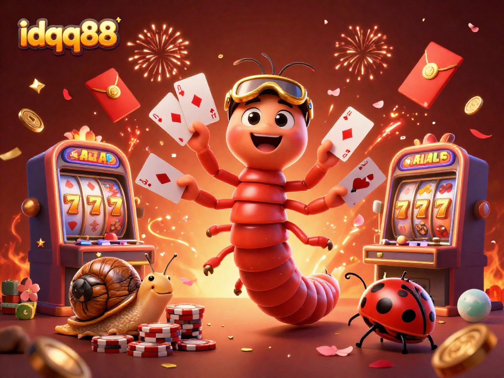 Experience thrilling gameplay at idqq88 with a dynamic 3D casino scene of lively characters amidst slot machines and festive elements.