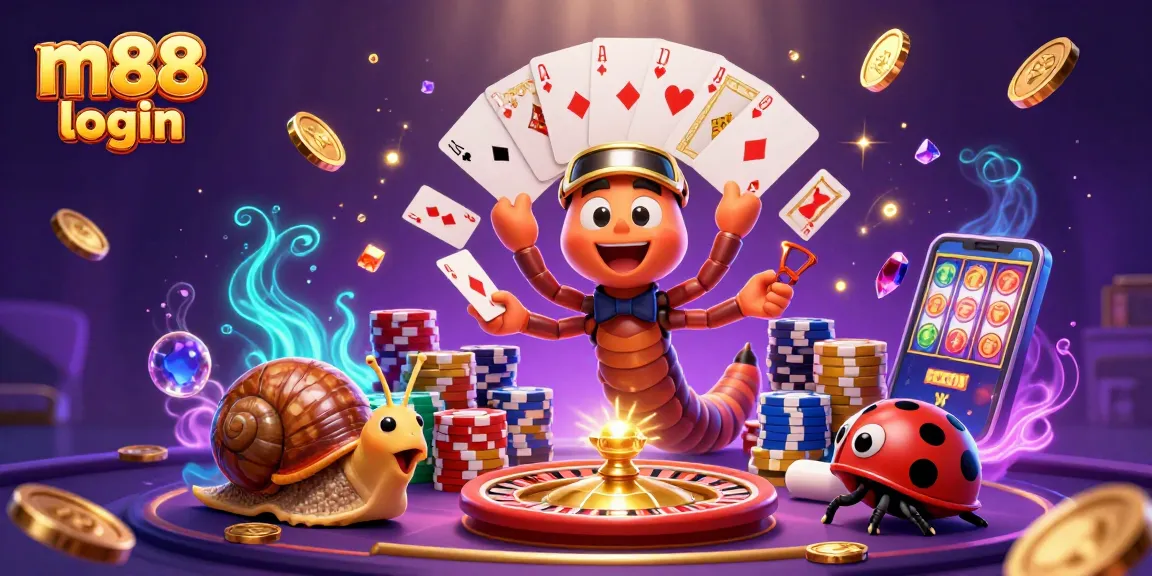Experience m88 login excitement with lively casino characters amidst glowing treasures and dynamic games.