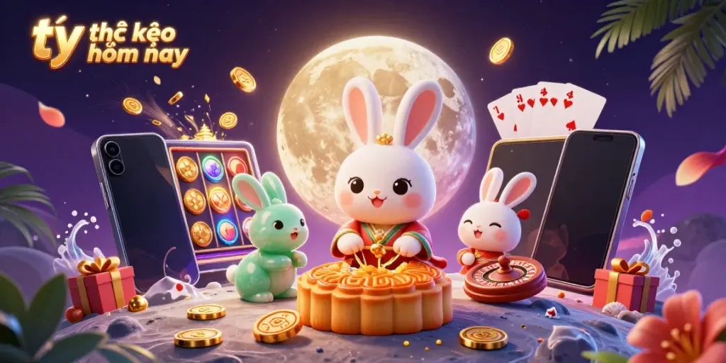 Engaging scene of tỷ lệ kèo nhà cái hôm nay with a moon rabbit amid casino elements like poker chips and slot games.