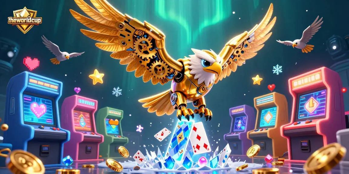 Theworldcup showcases a vibrant 3D illustration of a golden eagle surrounded by casino elements and holographic playing cards.