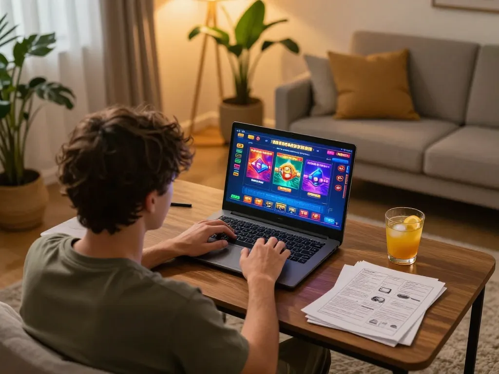 FA88 user engaging in online casino gaming at home, showcasing strategy and entertainment.