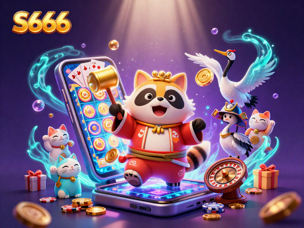 Spin slot reels and win with S666 in this vibrant casino scene featuring lively characters and exciting games.