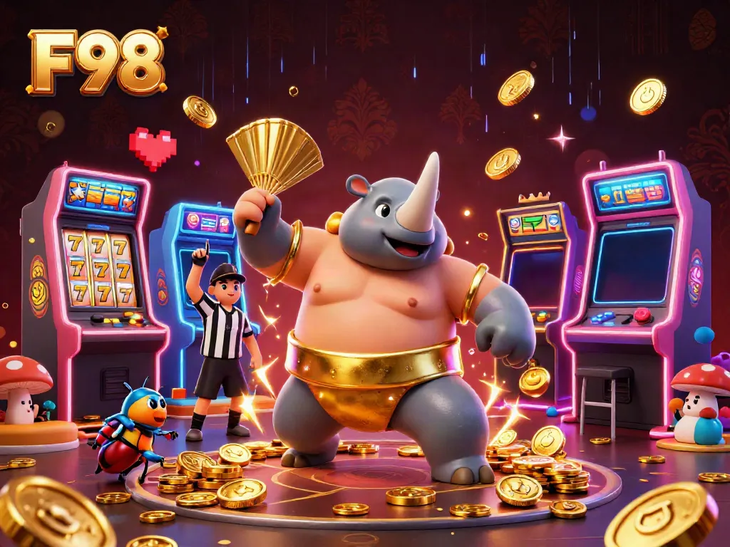Join the F98 gaming adventure with a sumo beetle champion amidst vibrant casino elements.