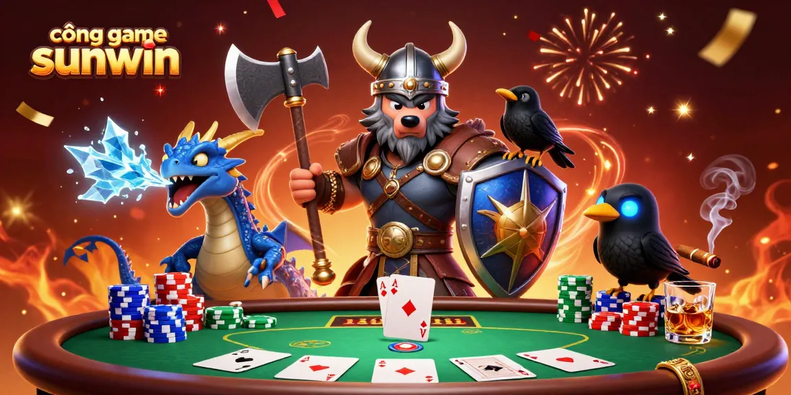 Experience the thrill of cổng game sunwin with a vivid 3D portrayal featuring a Viking wolf warrior in a poker showdown.