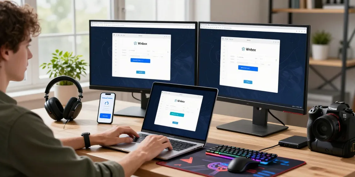 Logging in to Winbox on a modern laptop setup with gaming accessories and dual monitors.