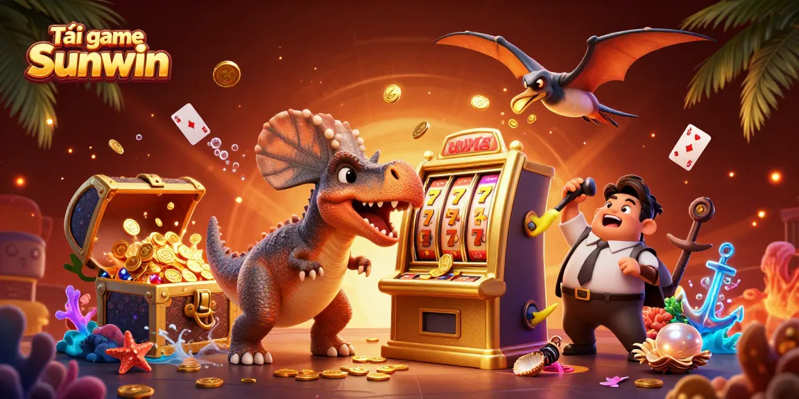 Tải game Sunwin with dynamic 3D scene of dinosaurs and slot machines celebrating jackpot wins in a casino