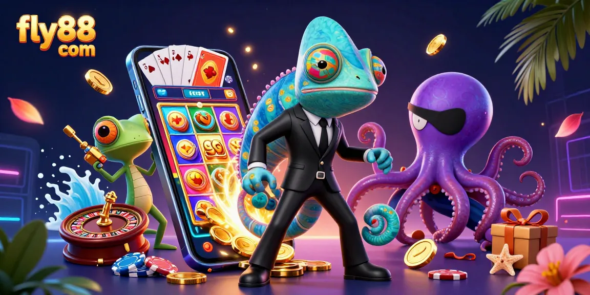 Experience the excitement of fly88 com with a vibrant casino scene featuring adventure characters and games.