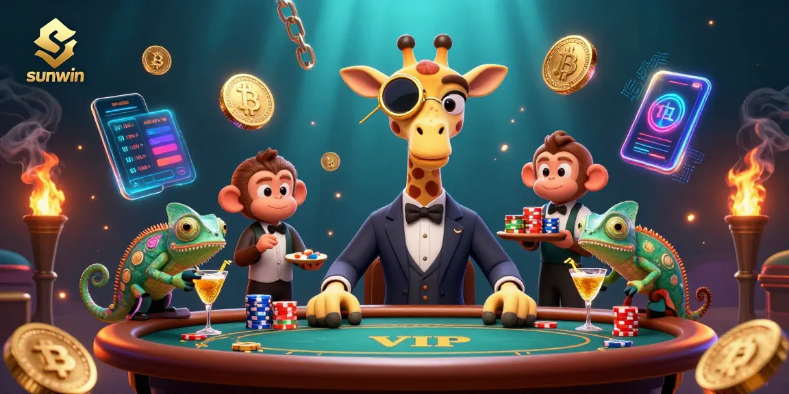 Experience sunwin's elite gaming with a high-roller giraffe and animated characters in a vibrant casino scene.